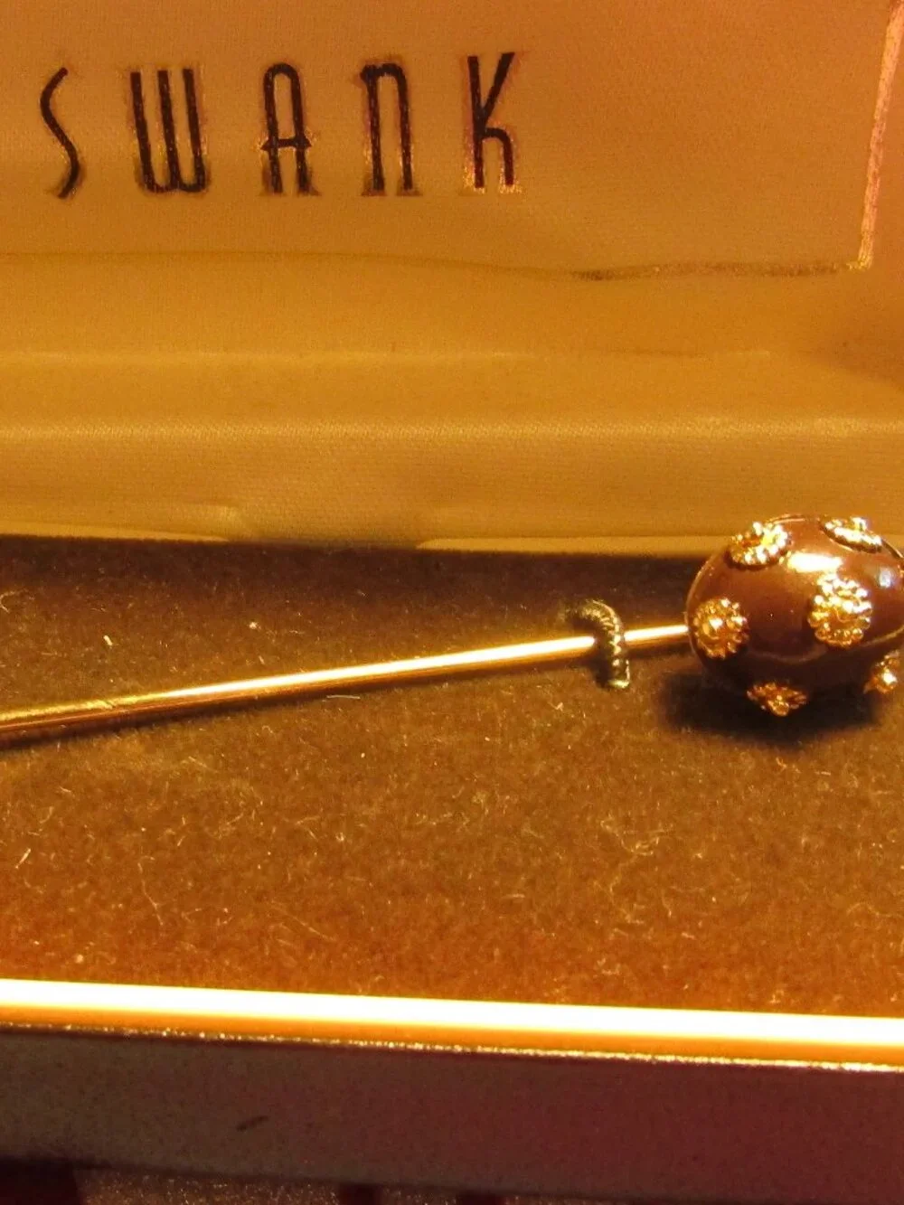 Vintage in SWANK Box 1950s/60s STICK PIN Chocolate Brown Enamel Goldtone Flowers